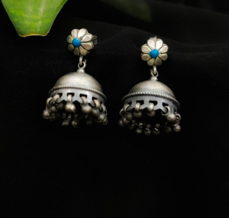 Sehar handcrafted pure silver Jhumka with blue stone - Desi Weaves