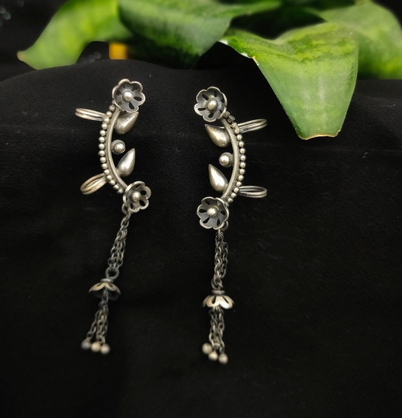 Flora handcrafted Bugadi pure silver earrings - Desi Weaves