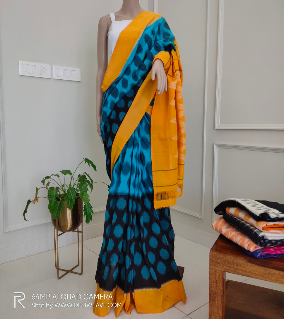 yellow handloom ikkat cotton saree 