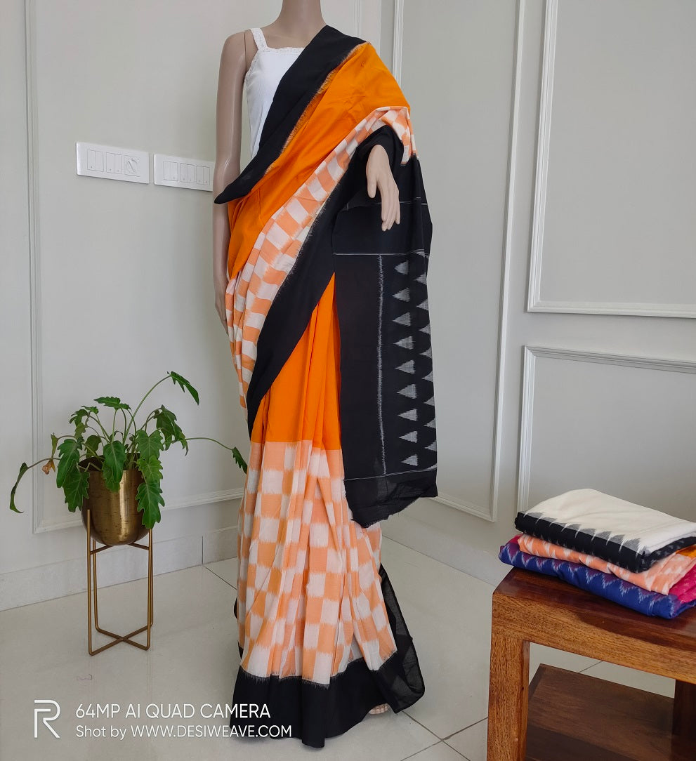 Saffron handloom Ikkat cotton saree online