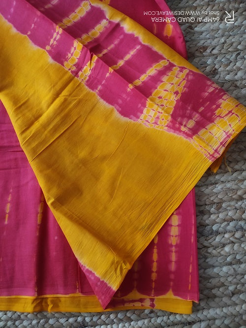 Magenta & yellow shibori pure cotton cotton saree- Desi Weave