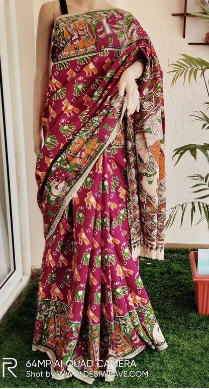 Magenta traditional handblock printed kalamkari cotton saree - Desi Weave