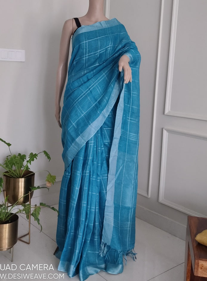 Firozi handwoven pure linen saree with blouse