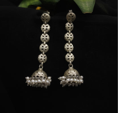 Royal handcrafted pure silver earrings, with pearls - Desi Weaves