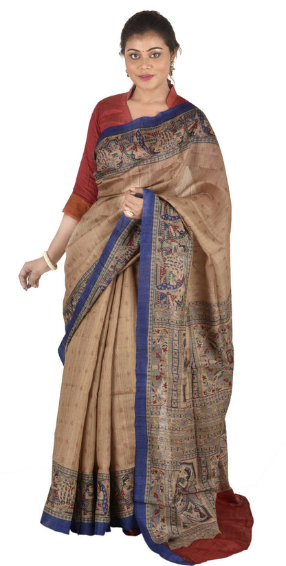 Beige Handloom Printed Desi Tussar Silk Saree With Blouse - Desi Weave