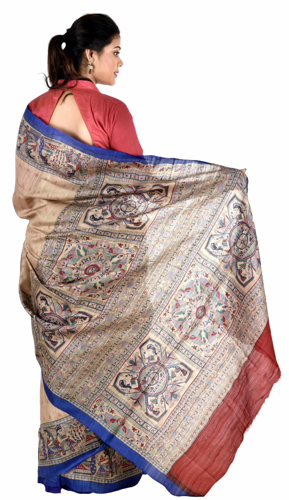 Beige Handloom Printed Desi Tussar Silk Saree With Blouse - Desi Weave