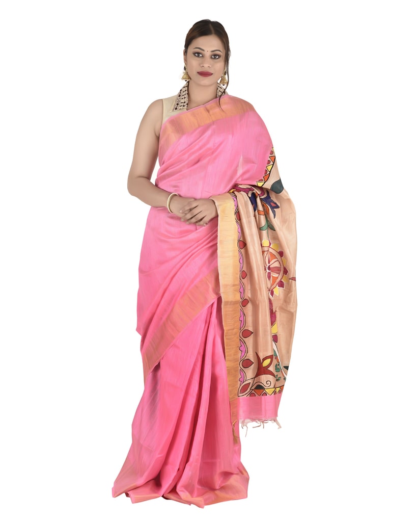 Shocking Pink Handloom Pure Dupion Silk Saree With Blouse - Desi Weave