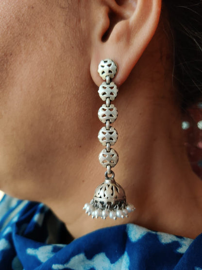 Royal handcrafted pure silver earrings, with pearls - Desi Weaves