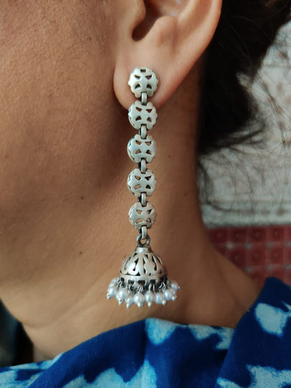 Royal handcrafted pure silver earrings, with pearls - Desi Weaves