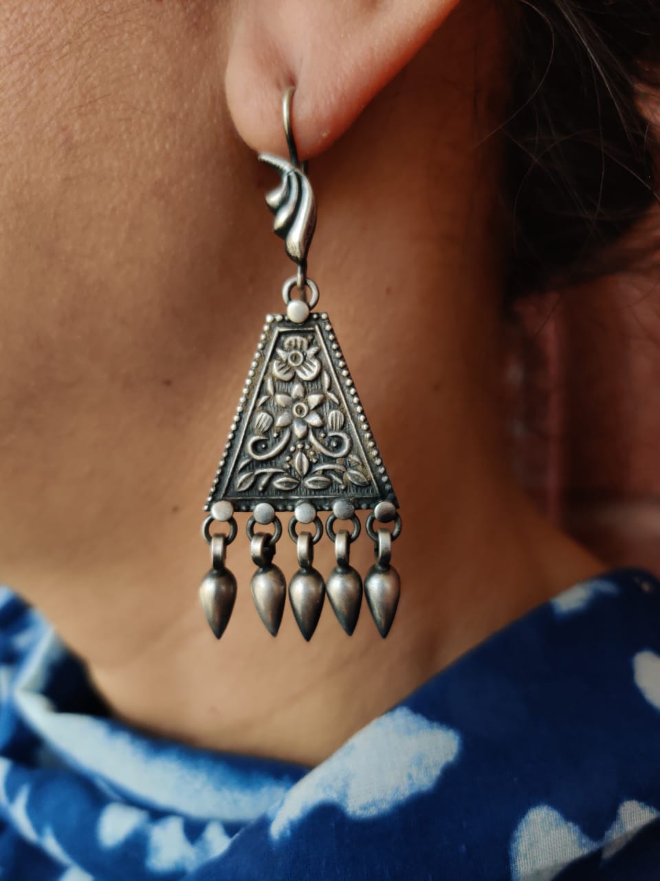 Shehnai handcrafted pure silver earrings - Desi Weaves