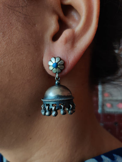 Sehar handcrafted pure silver Jhumka with blue stone - Desi Weaves