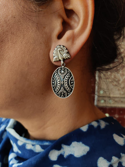 Peacock handcrafted pure silver earrings - Desi Weaves