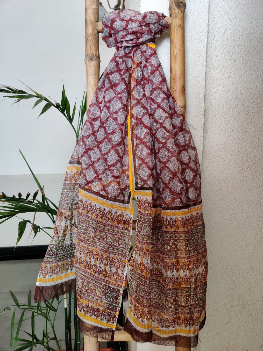 Handblock Print Kota Doria Dupatta Online - Desi Weaves