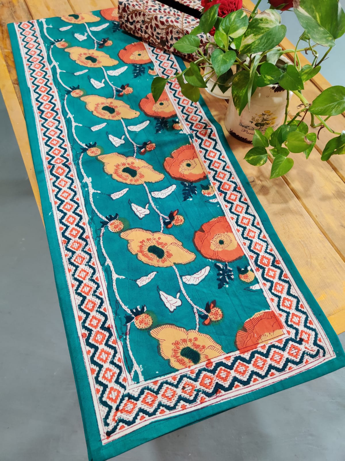 Deep Green Hand Block Printed Cotton Table Runner