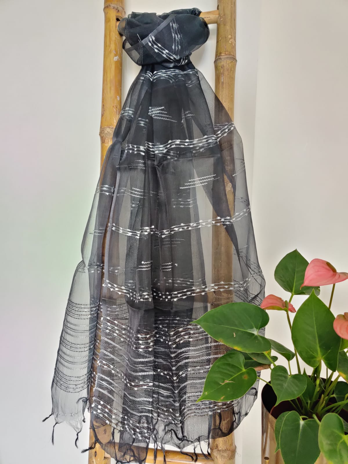 Black Handwoven Tussar Organza Silk Dupatta - Desi Weaves