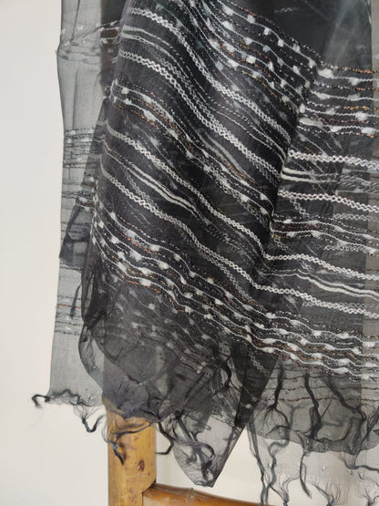 Black Handwoven Tussar Organza Silk Dupatta - Desi Weaves