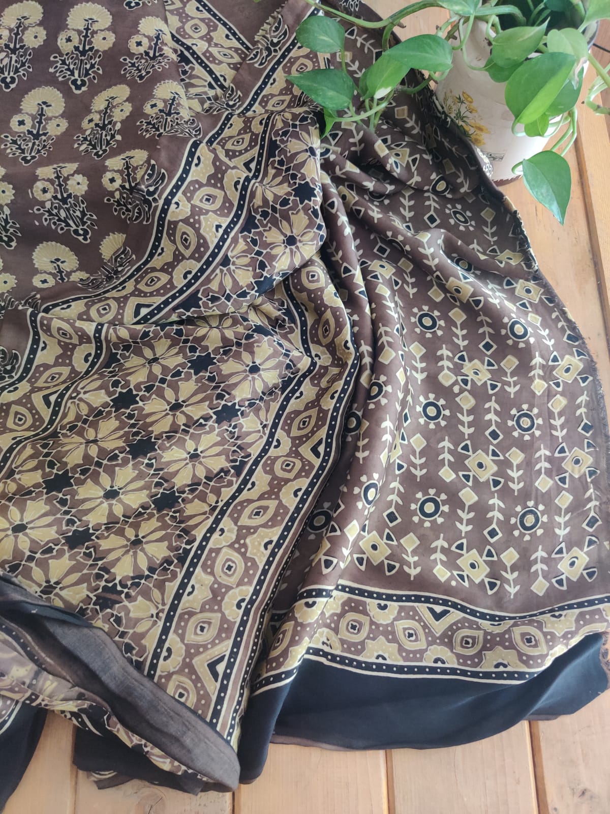 Gulmohar handblock ajrakh modal silk saree