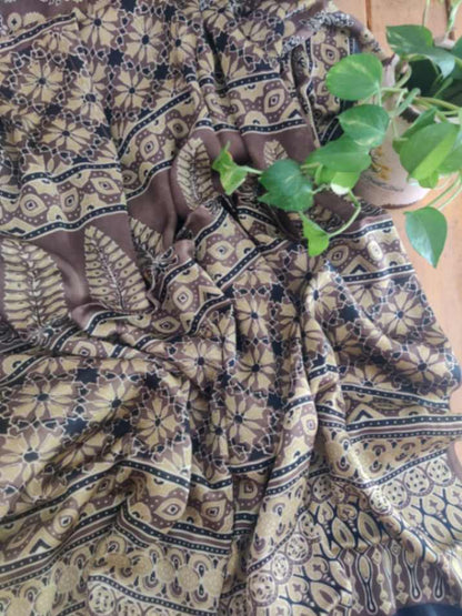 Gulmohar handblock ajrakh modal silk saree