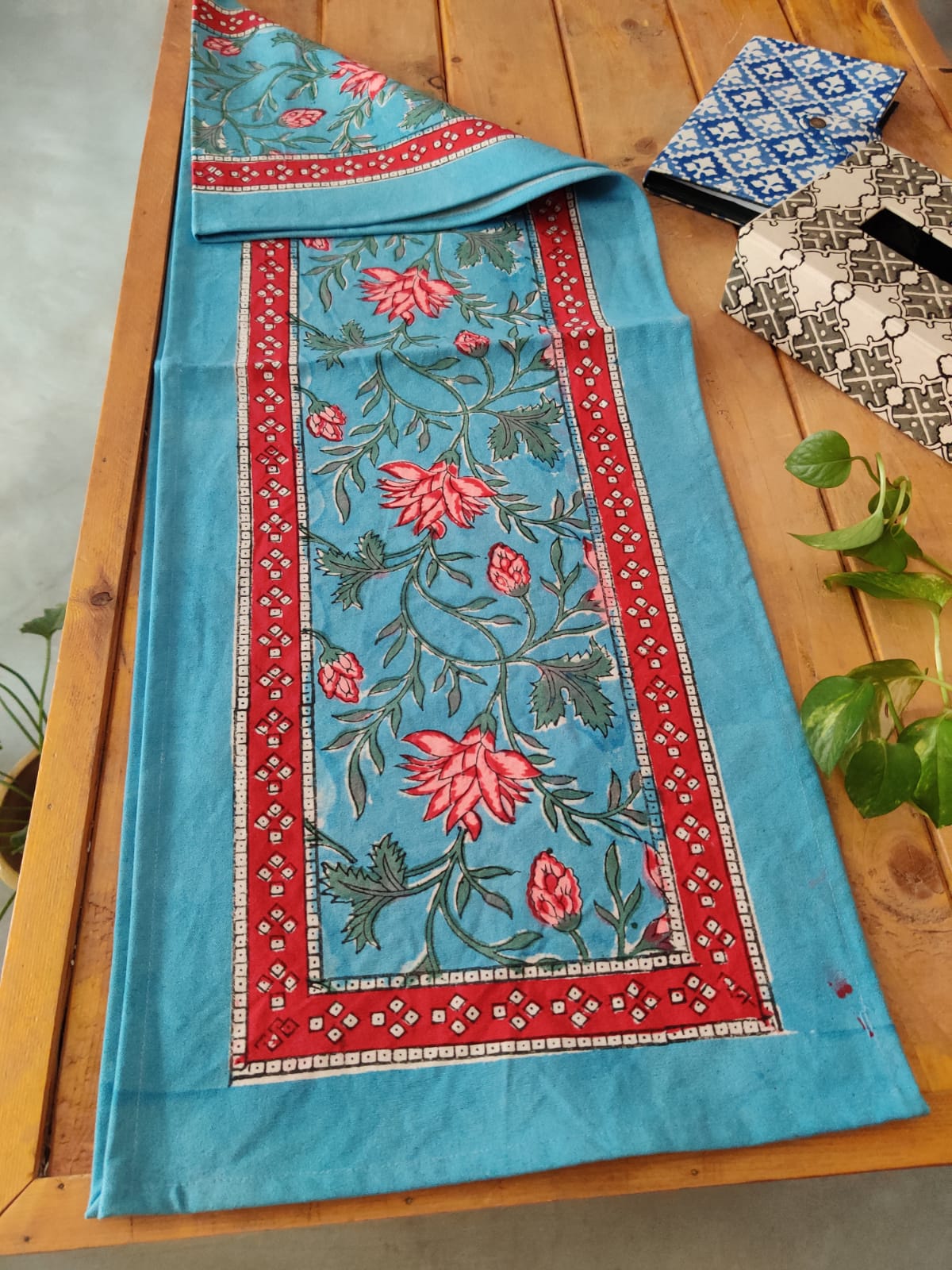 Grey Hand Block Printed Cotton Table Runner