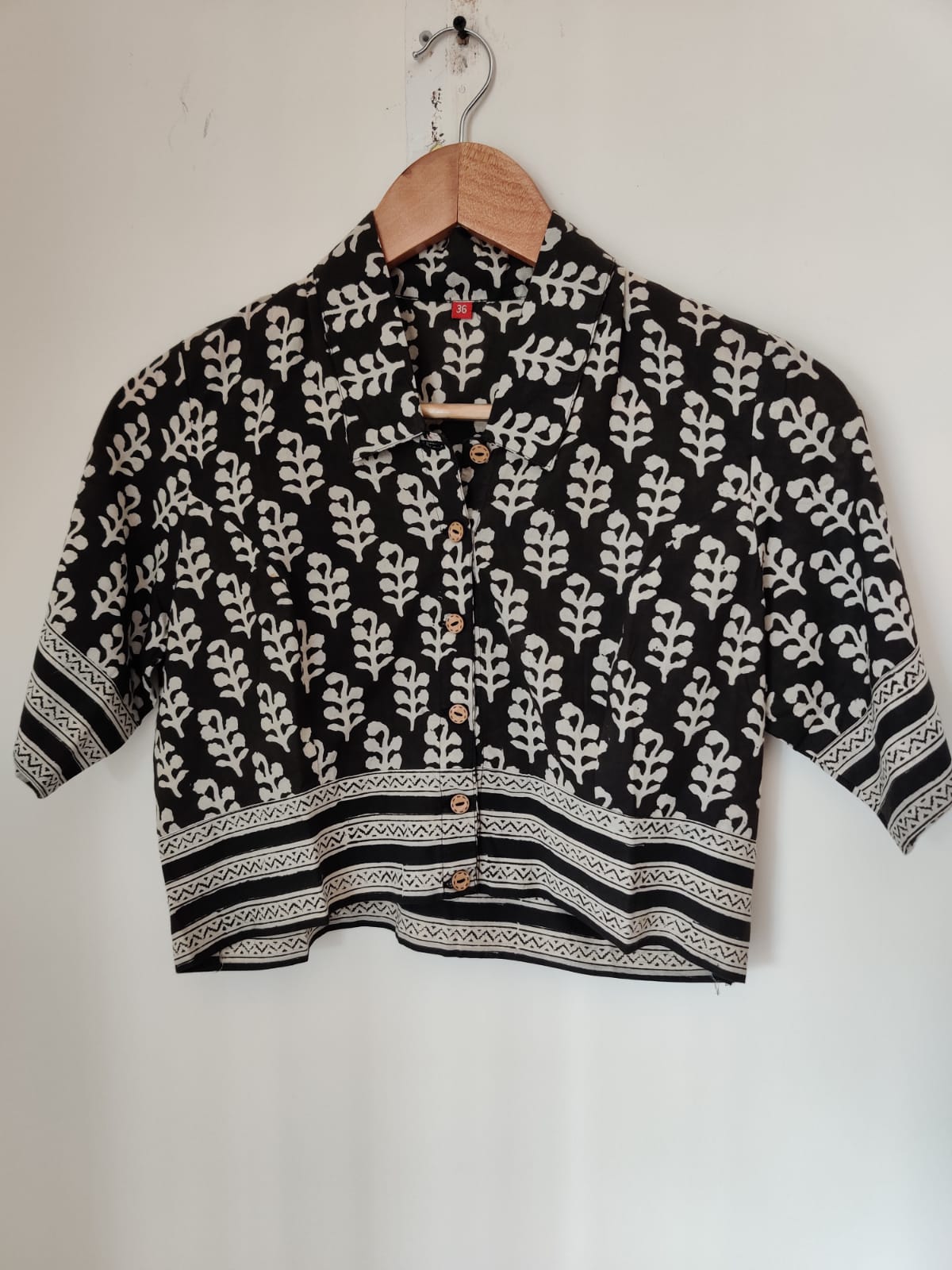 Black handblock printed cotton blouse