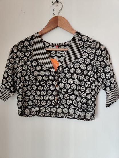 Black Block Printed Stitched Cotton Blouse