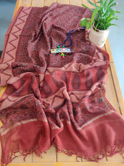 Soch Ajrakh Handblock Printed Kota Doria Dupatta