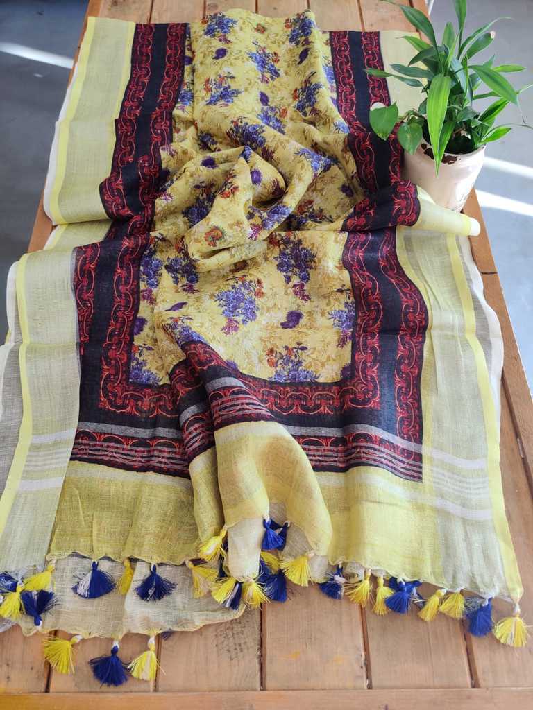 Yellow Pure Linen Dupatta Online  - Desi Weaves