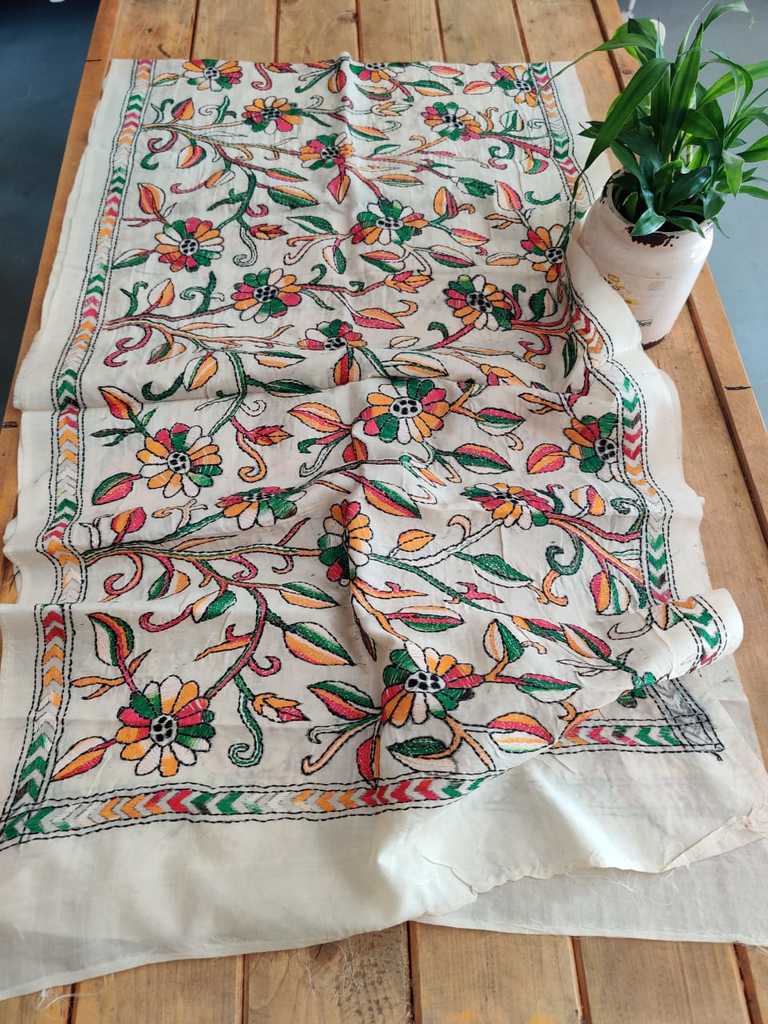 Pure Kantha Tussar Silk Stole - Desi Weaves