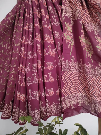 Scooter block printed mul cotton saree